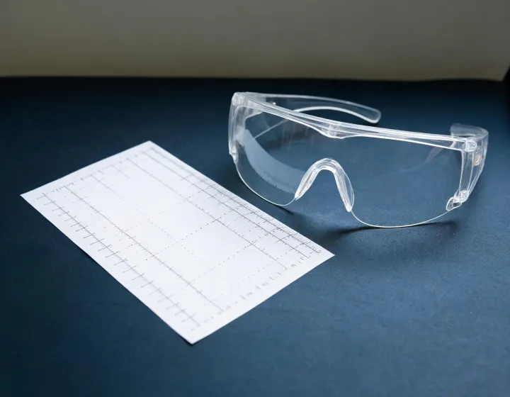 Safety glasses with polycarbonate lenses on a specification desk